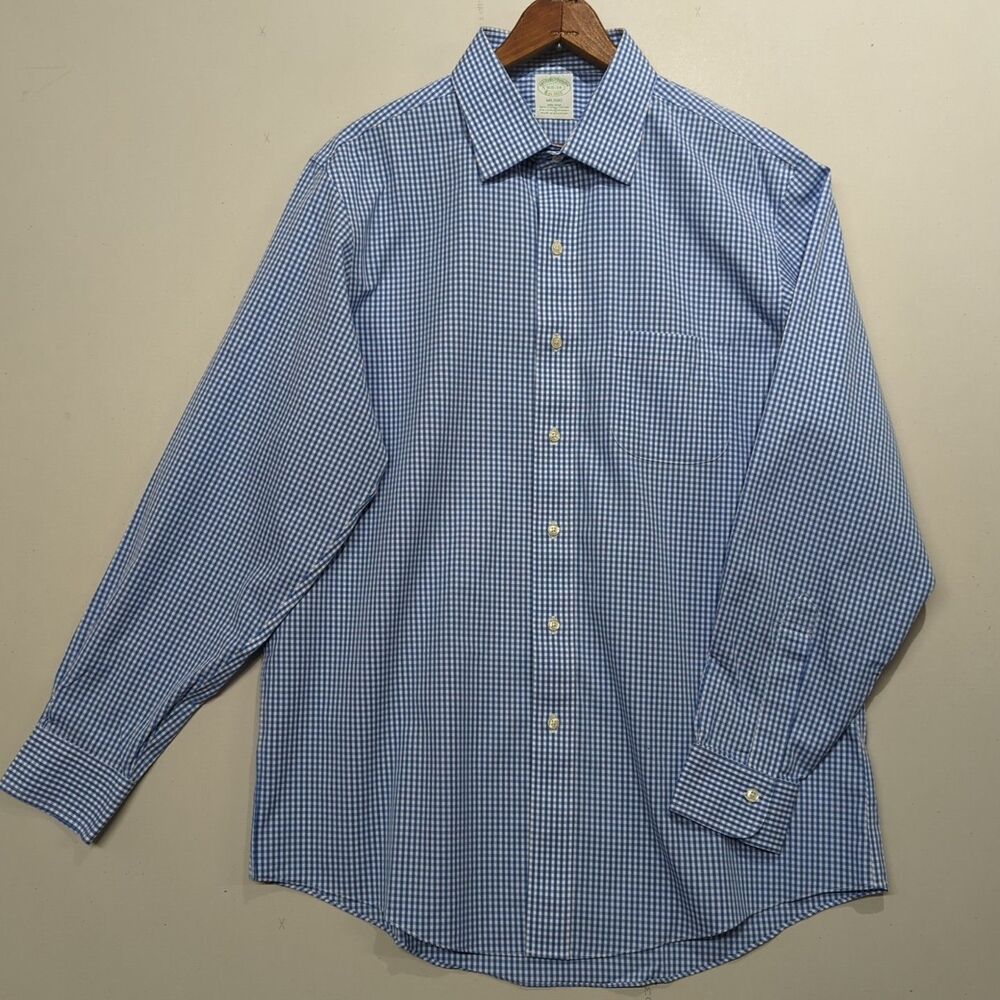 Brooks Brothers Milano Non-Iron Dress Shirt 16.5 34/35 Blue White Supima Cotton